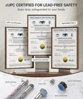 Certification documents for Black Stainless Kitchen Faucet With Pull Down Sprayer And Soap Dispenser, showcasing lead-free safety.