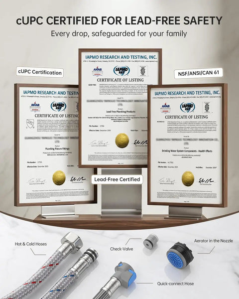 Certification documents for Black Stainless Kitchen Faucet With Pull Down Sprayer And Soap Dispenser, showcasing lead-free safety.