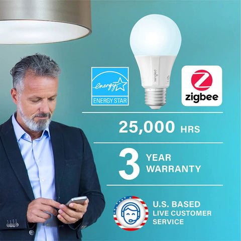 Zigbee Smart Light Bulbs With Hub Required Sold Separately, energy-efficient LED bulb, user with smartphone, 25,000 hours lifespan