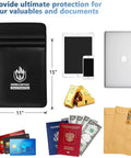 UL Certified Two Pocket Fireproof Document Bag With 2000F Heat Resistance, Waterproof Money Bag, shown with valuables, 15x11 inches