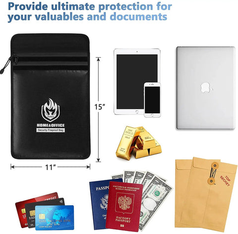 UL Certified Two Pocket Fireproof Document Bag With 2000F Heat Resistance, Waterproof Money Bag, shown with valuables, 15x11 inches