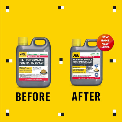 MP90 ECO Xtreme Natural Look Stone Sealer And Stain Protector For All Natural Stone And Polished Porcelain Tile Grout Eco Friendly Water Based Hydrocarbon Solvent Free LEED Friendly 1 Qt. before and after label change