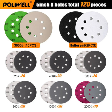 Assorted 120 Pcs 5 Inch Sanding Discs Hook And Loop 8 Holes Wet Dry Grit 320 400 600 800 1000 2000 3000 With 2 Interface Pads