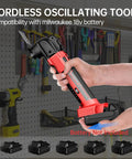 Heavy Duty Brushless Motor Cordless Oscillating Multi Tool Compatible With 18V Batteries, shown held in hand against toolbox background.