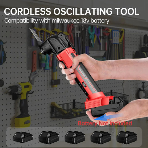 Heavy Duty Brushless Motor Cordless Oscillating Multi Tool Compatible With 18V Batteries, shown held in hand against toolbox background.