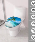 Durable Resin Round Toilet Seat Cover Adorned With Tropical Beach Thatched Roof Umbrella Graphics Quick Release Pins on white toilet.
