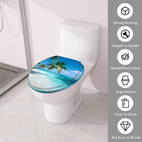 Durable Resin Round Toilet Seat Cover Adorned With Tropical Beach Thatched Roof Umbrella Graphics Quick Release Pins on white toilet.