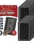 Heavy Duty Mouse And Insect Traps 12 Pack With Non Toxic Sticky Glue Sheets For Indoors and packaging showing 12 traps.