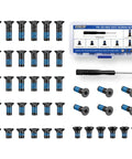 Red Dot Screw Kit Set With 36 Pieces, Six Screw Sizes For Easy Mounting Red Dot Optics, Alloy Steel Flat Head, Pre Coated Threadlocker, Compatible With RMR SRO 407C 507C 508T 407K EPS Carry, Includes T10 Torx Driver, arranged neatly with case.