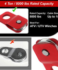 Beefy Winch Snatch Block 8000 Lbs Heavy Duty Recovery Pulley For ATV UTV Off Road Use Fits One Quarter To Five Sixteenths Inch Winch Cable Load Doubling And Direction Change Red, red steel pulley close-up