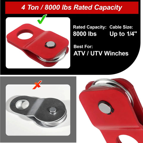 Beefy Winch Snatch Block 8000 Lbs Heavy Duty Recovery Pulley For ATV UTV Off Road Use Fits One Quarter To Five Sixteenths Inch Winch Cable Load Doubling And Direction Change Red, red steel pulley close-up
