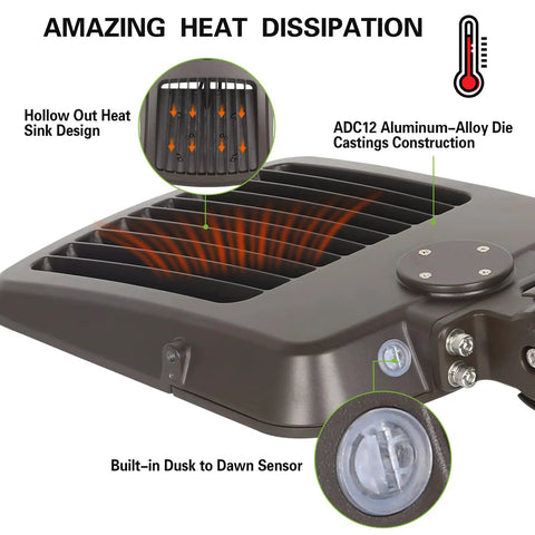 Total Game Changer Dusk To Dawn Led Parking Lot Light with hollow heat sink and built-in dusk to dawn sensor, ADC12 aluminum construction.
