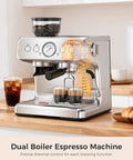 Top Tier Home Barista Espresso Machine With Solid Grinder And True Dual Boiler Brewing Coffee And Steaming Foam Together Nailing Perfect Cappuccinos Straight From A Big 95 Oz Tank Keeping Mornings Dope And Stress Free, on countertop with coffee brewing.