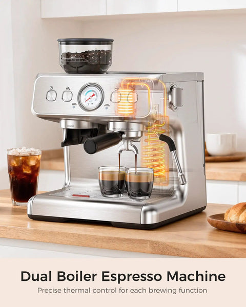 Top Tier Home Barista Espresso Machine With Solid Grinder And True Dual Boiler Brewing Coffee And Steaming Foam Together Nailing Perfect Cappuccinos Straight From A Big 95 Oz Tank Keeping Mornings Dope And Stress Free, on countertop with coffee brewing.