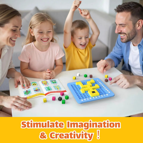 Family enjoying Pixel Art Kit for Kids Creative STEM Toy with Arts and Crafts Fun, ideal for ages 5 to 12, includes four challenges.