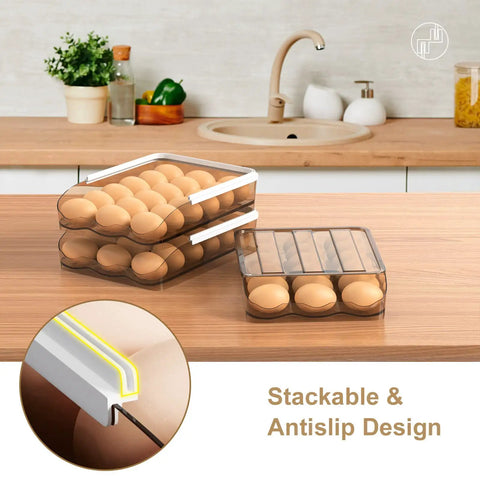 36 Count Large Capacity Egg Holder For Refrigerator With Automatic Rolling Tray And Lid, stackable design on kitchen counter
