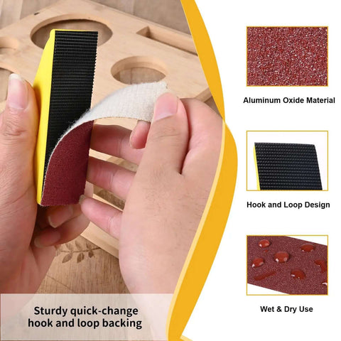 Close-up of micro sander kit showing quick-change hook and loop backing with aluminum oxide sandpaper.