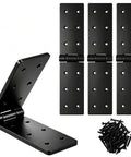 Tough As Nails Heavy Duty Gate Hinges 4 Pack with black steel coating and mounting screws, showcasing smooth pivot design.