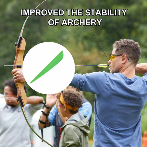 Archer using bow with 60 Pack 3 Inch TPU Plastic Arrow Fletchings Vanes, highlighting durability and ease of reuse.