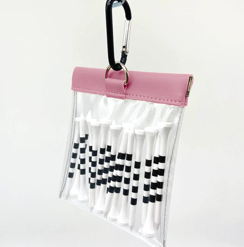 Golf Tee Pouch Organizer With Clip And Transparent Squeeze Top Pocket in pink, displaying bamboo tees, water-resistant PU leather.