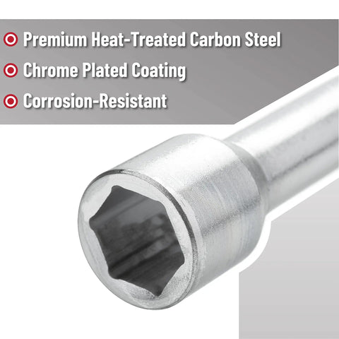 Close-up of socket end on a 14 Inch Cross Lug Wrench With 4 Way Sockets, Heavy Duty Carbon Steel Tool For Easy Tire Changes