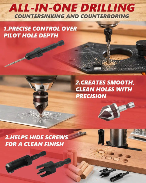 Killer 15 Piece Countersink Drill Bit Set For Woodworking Designed For Flush Screws And Chamfer Cutting Tools Paired With Precision Plug Cutters Inside A Slick Travel Case showcasing all-in-one drilling features.