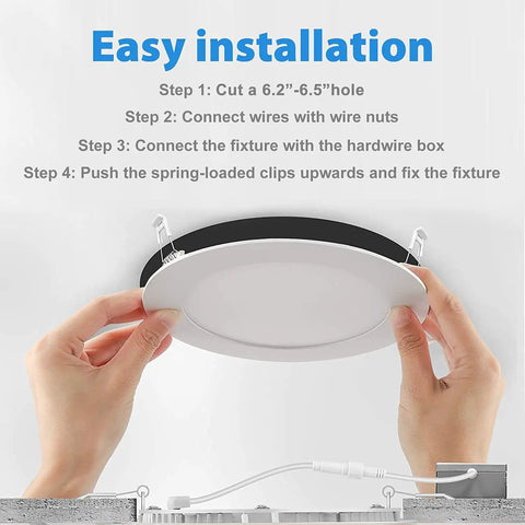 Hands installing Slim 6 Inch Recessed LED Downlight Kit 12W 5 CCT Selectable Canless Ceiling Light With J Box Ultra Thin Dimmable