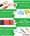 All In One Waterproof Heavy Duty Heat Shrink Wire Connector Kit With Copper Lugs Insulated Spade Fork Ring T Tap Butt Splice And Male Female Terminals For Automotive Electrical DIY Projects showing copper lugs, heat shrink tubing, and ring terminals.