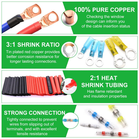 All In One Waterproof Heavy Duty Heat Shrink Wire Connector Kit With Copper Lugs Insulated Spade Fork Ring T Tap Butt Splice And Male Female Terminals For Automotive Electrical DIY Projects showing copper lugs, heat shrink tubing, and ring terminals.