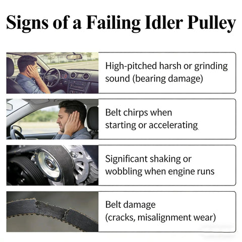 Signs of a Failing Idler Pulley explanation including high-pitched sounds and belt damage on various motors.