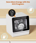 Compact Countertop Dishwasher With Built In Water Softener And Smart Eco Mode For Zero Hassle Cleaning And Spotless Dishes, showing eco mode and clean dishes.