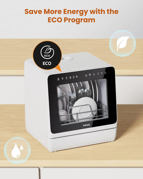 Compact Countertop Dishwasher With Built In Water Softener And Smart Eco Mode For Zero Hassle Cleaning And Spotless Dishes, showing eco mode and clean dishes.