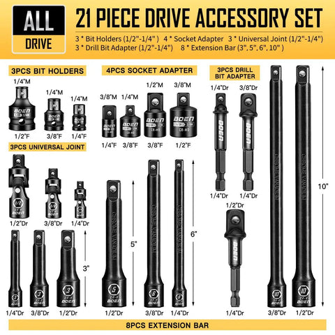 All In One 21 Piece Drive Tool Accessory Set with 1/4 inch, 3/8 inch and 1/2 inch sockets includes adapters, extension bars.
