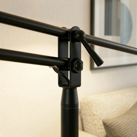 Close-up of Mid Century Modern Dope Height Adjustable LED Floor Lamp, black metal joint mechanism, part of home decor.