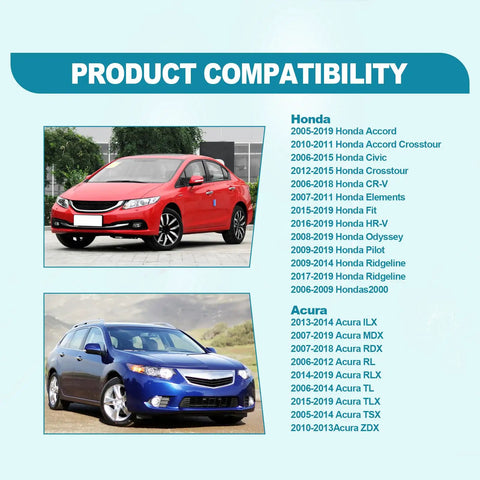 Product compatibility chart for Honda and Acura models with a red Honda and blue Acura shown as compatible vehicles.