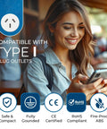 Woman holding phone, promoting Type I Travel Power Plug Adapter With 2 USA Inputs For Australia New Zealand And China Safe Grounded 3 Pack Works With Phones Laptops Cameras CPAP And More Must Have