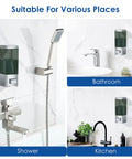 Robust Wall Mount Manual Soap Dispenser 17 Oz Large Capacity Refillable Pump For Kitchen And Bathroom shown in shower and kitchen settings.