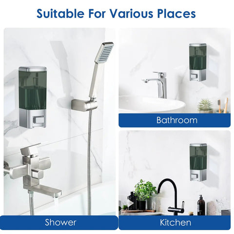 Robust Wall Mount Manual Soap Dispenser 17 Oz Large Capacity Refillable Pump For Kitchen And Bathroom shown in shower and kitchen settings.