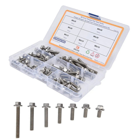 70 Piece Hex Flange Bolt Kit Stainless Steel 304 Fasteners Set for Industrial Projects in clear plastic case