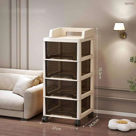 Multitasking Rolling Storage Cart With Sturdy Plastic Drawers And Smooth Gliding Swivel Wheels beside a couch, measuring 73.3cm tall.
