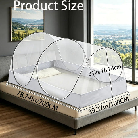 Foldable Mosquito Net Tent For Bed And Travel, Pop Up Portable Bug Net With Large Side Zipper on a bed, size shown