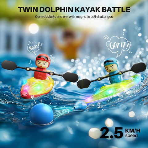 Dual RC Kayaks For Kids 6-12 With Magnetic Dolphin Nose And Three Balls, Two Independent 2.4GHz Remotes, Up To 40 Minutes Playtime, LED Light Up Water Toys For Pool, Bath, And Water Table, Great Sibling Race Fun in vibrant colors racing in water with splash effect and blue balls.