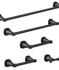 Matte black bathroom accessory set with pivoting toilet paper holder, towel bars, and robe hook in sleek wall mount design.