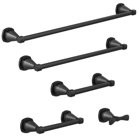 Matte black bathroom accessory set with pivoting toilet paper holder, towel bars, and robe hook in sleek wall mount design.