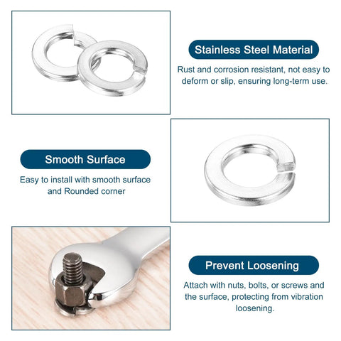 Heavy Duty 3/8 Split Lock Washers Built From Kickin Tough 304 Stainless Steel Spring Rings With Rust Proof Anti Loosening Grip 100 Piece Stack showing smooth surface and installation details.