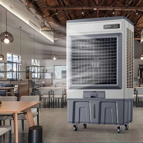 Portable Evaporative Air Cooler With Large Water Tank And 120 Degree Oscillation For Patios Or Dry Rooms in a modern indoor setting.
