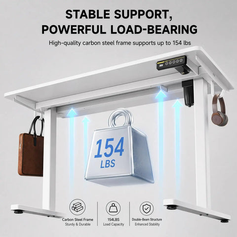 Premium Electric Standing Desk With Dual Motor For Height Adjustable Workstation showing carbon steel frame supporting 154 lbs.