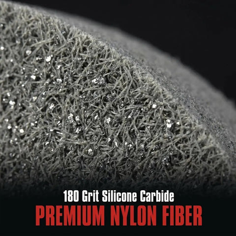 Close-up of 8 Inch Nylon Fiber Buffing Wheel Extra Thick 180 Grit Silicone Carbide Burnishing Wheel texture.
