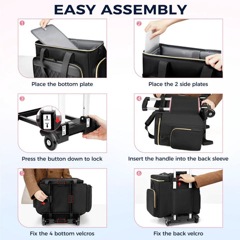 Step-by-step assembly of Rolling Teacher Bag With Detachable Dolly And File Compartment shown in six action images