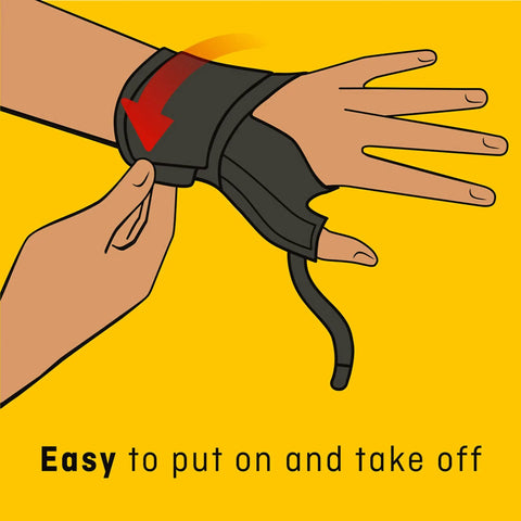 Illustration of Deluxe Thumb Stabilizer being adjusted on hand with easy lacing for stable support, in black color.